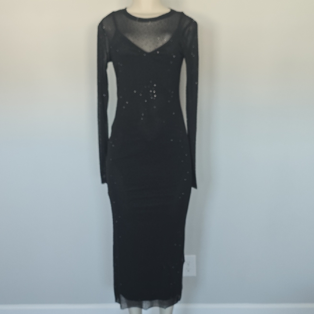 Bar III black long sleeve lined mesh dress  with tiny rhinestones-S